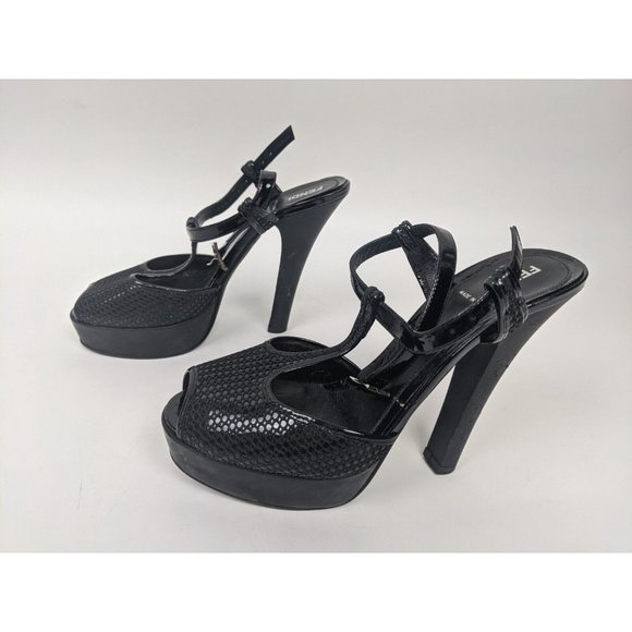 Fendi Black Leather Print Open Toe T-Strap Platform Heel Sandal Size 38 1/2 - Picture 5 of 13